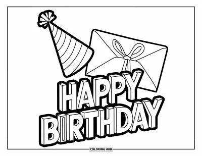 Fargeleggingsark med gratulasjonskort for barn: Festlue og konvolutt med bånd og "Happy Birthday"-tekst