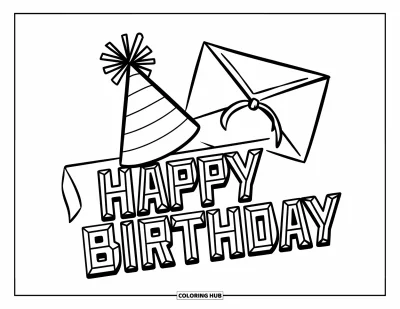 Fargeleggingsark med gratulasjonskort for barn: Festlue ved siden av konvolutt med "Happy Birthday"-melding