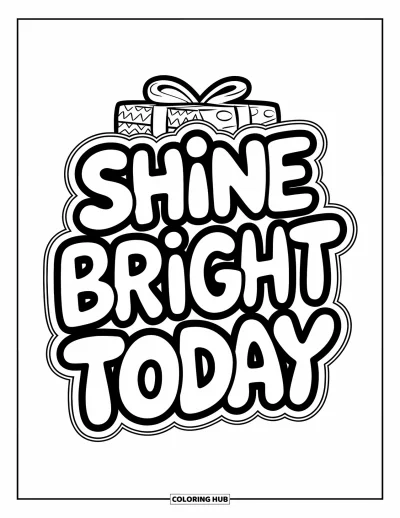 Fargeleggingsark med gratulasjonskort for barn: Mønstrede gaver med bånd og teksten "Shine bright today"