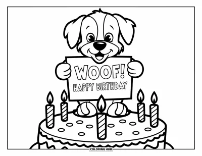 Fargeleggingsark med gratulasjonskort for barn: Valp med kort der det står "Woof! Happy birthday"