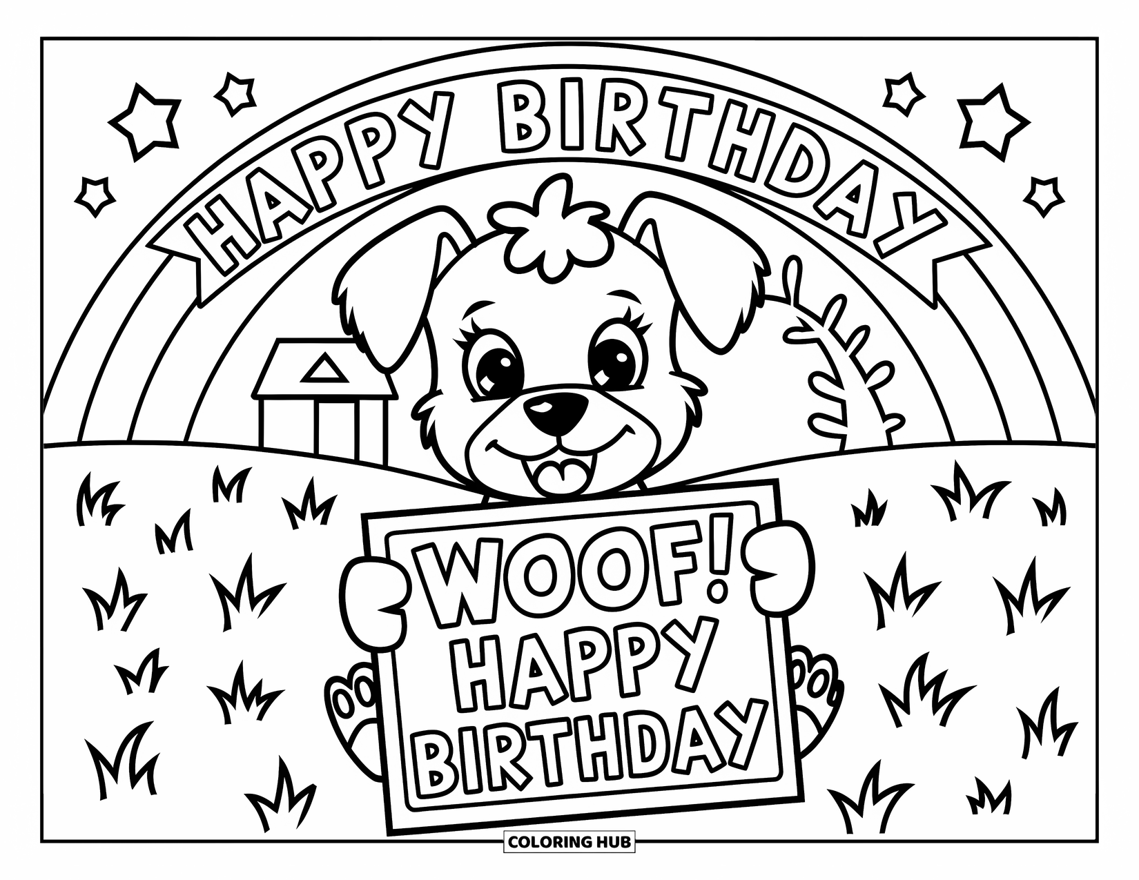 Happy Birthday Card Coloring Page for Kids: Puppy with stars, rainbow, and birthday banner