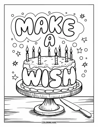 Fargeleggingsark med gratulasjonskort for barn: Rustikt kakestativ med kake og "Make a wish"