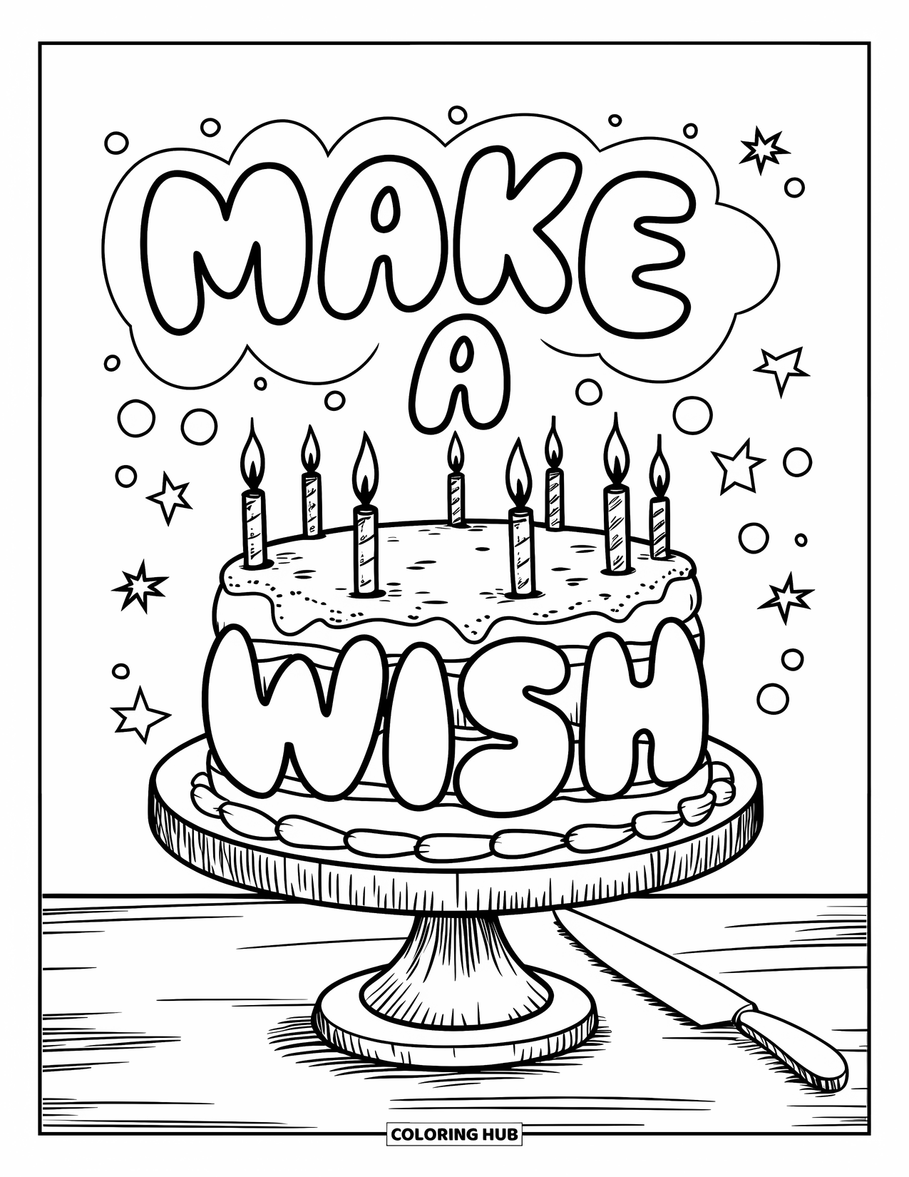 Happy Birthday Card Coloring Page for Kids: Rustic cake stand with cake and "Make a wish" text