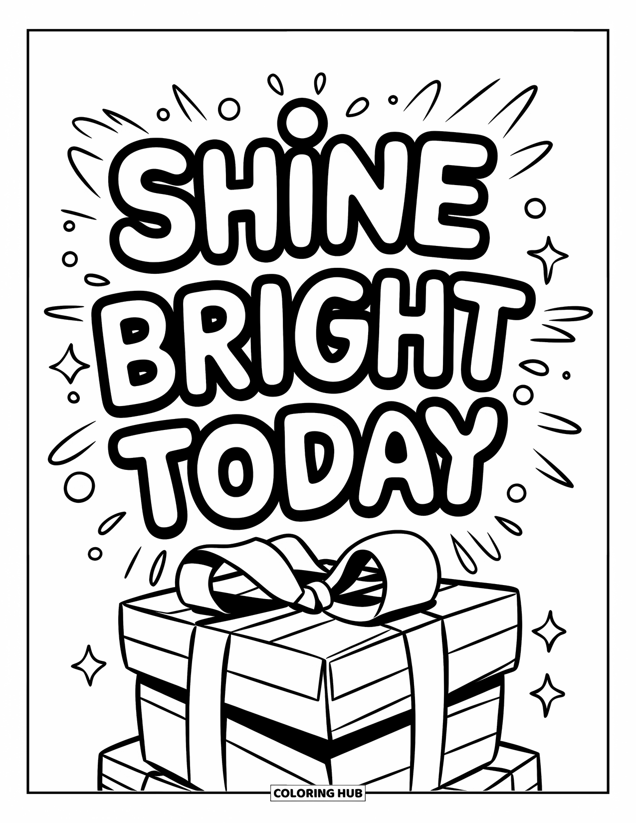 Happy Birthday Card Coloring Page for Kids: Stacked gifts with "Shine bright today" in bubbly letters