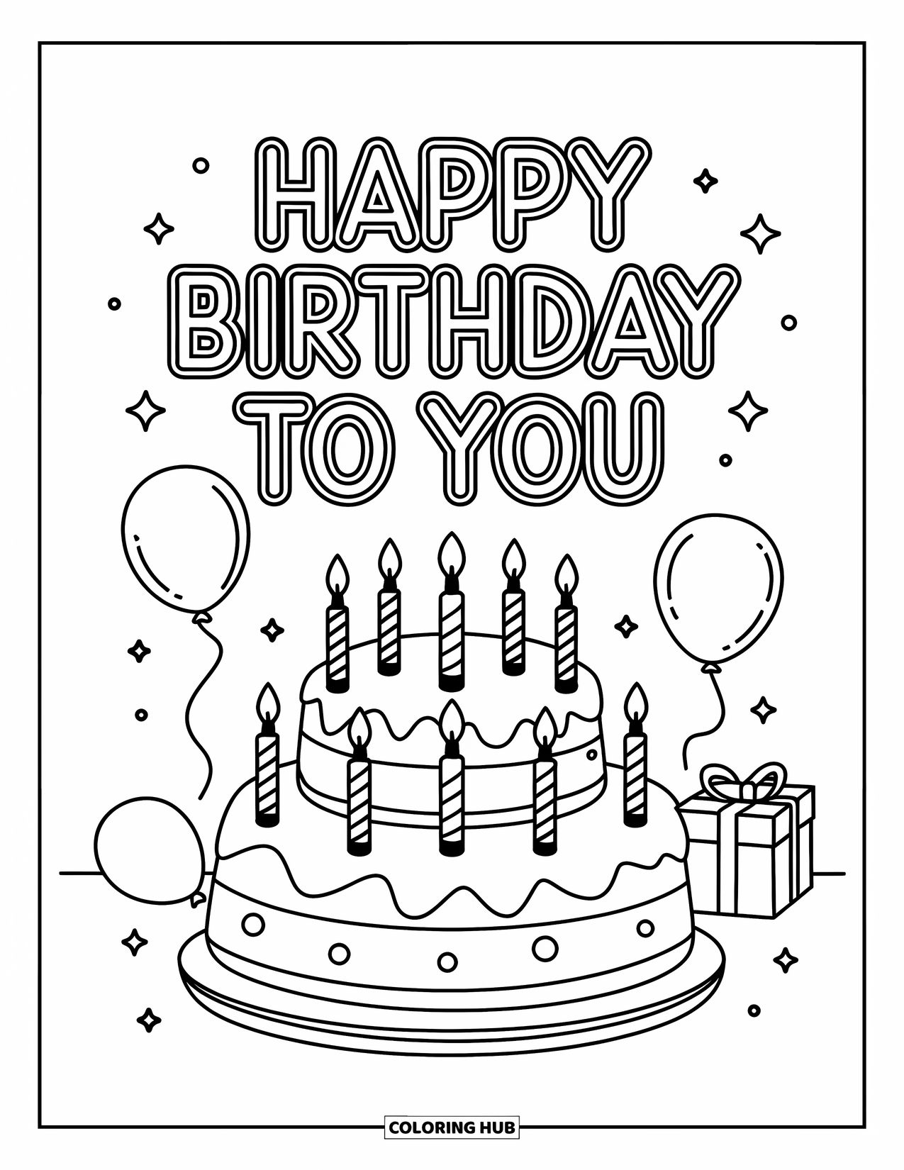 Happy Birthday Card Coloring Page for Kids: Tall cake and candles with "Happy birthday to you"