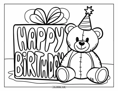 Fargeleggingsark med gratulasjonskort for barn: Bamse med gavepakke-stjerne og "Happy birthday" over