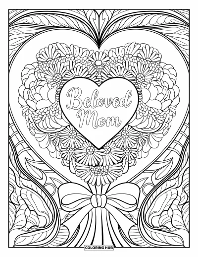 Dibujo de feliz cumpleaños mamá para colorear para adultos: Ramo de peonías y margaritas formando un corazón con el texto "Beloved Mom" dentro