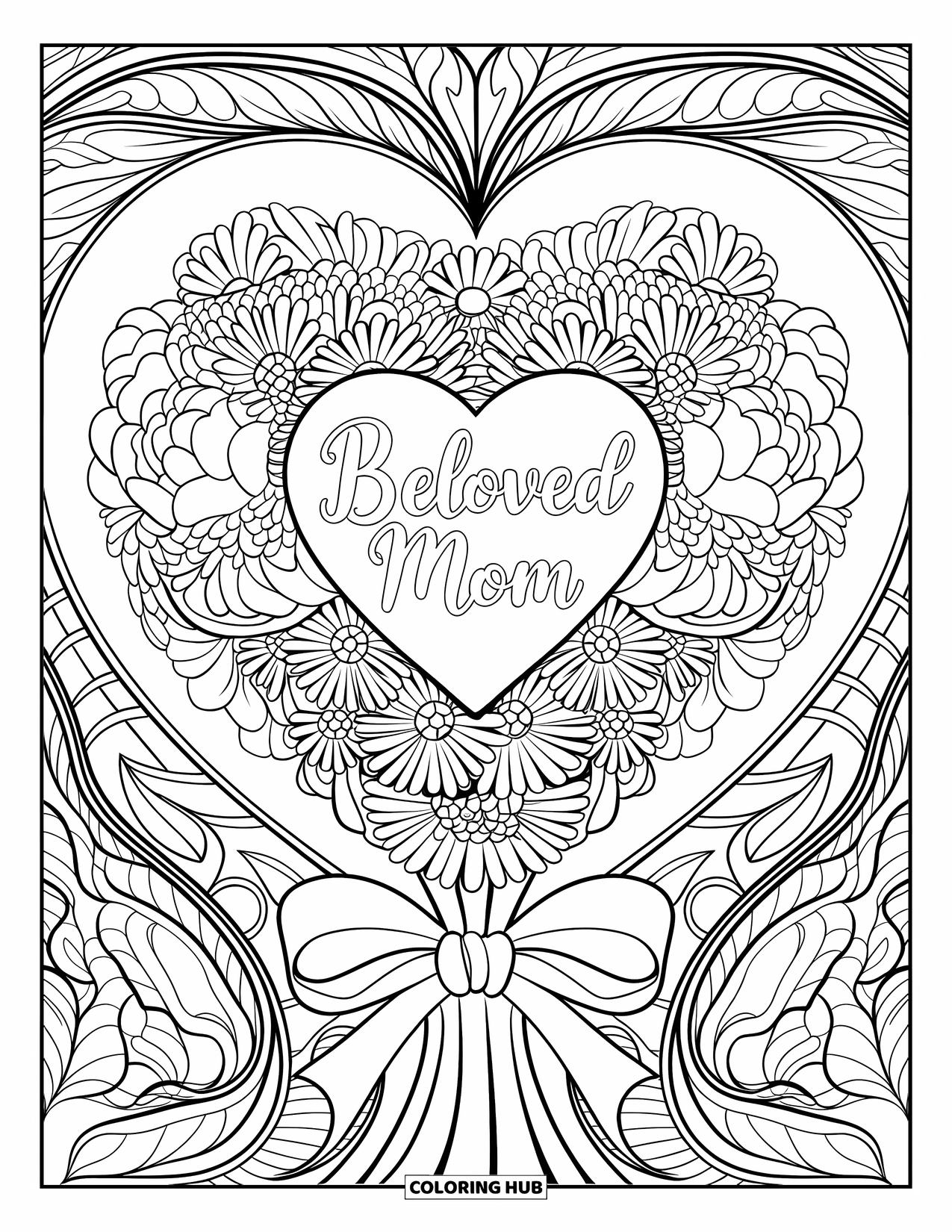 Happy Birthday Mom Coloring Page for Adults: A bouquet of peonies and daisies forming a heart with "Beloved Mom" inside