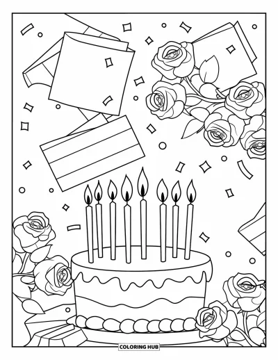 Dibujo de feliz cumpleaños mamá para colorear para adultos: Tarta festiva de cumpleaños con velas, tarjetas, confeti y rosas entrelazadas