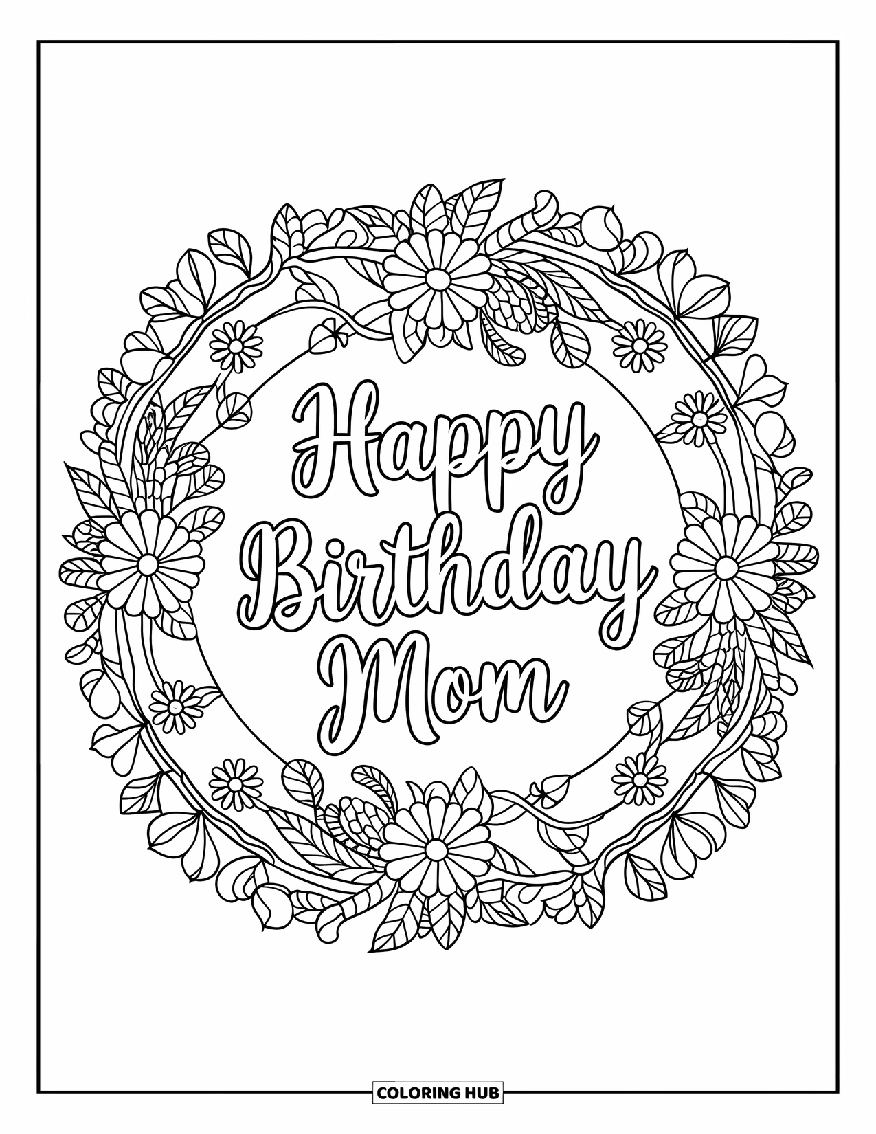 Happy Birthday Mom Coloring Page for Adults: A floral mandala encircling the text "Happy Birthday Mom" with a decorative border
