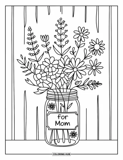 Dibujo de feliz cumpleaños mamá para colorear para adultos: Tarro de flores silvestres con etiqueta "For Mom" sobre un fondo de madera