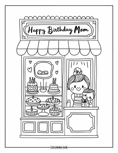 Dibujo de feliz cumpleaños mamá para colorear para adultos: Escena de pastelería con tartas, mamá panadera e hijo escondiendo un regalo detrás de la espalda