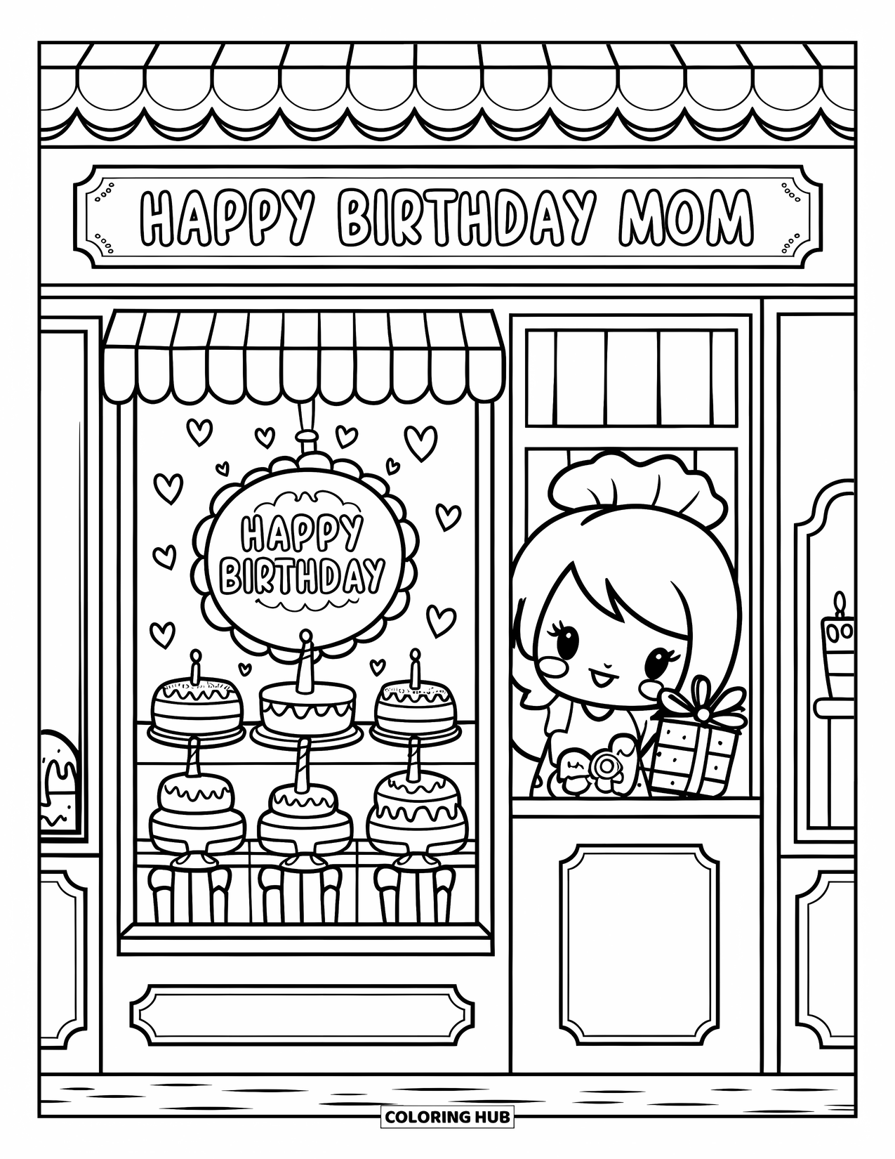 Happy Birthday Mom Coloring Page for Adults: Bakery storefront with cakes, baker-mom, and child with gift, in kawaii hygge style