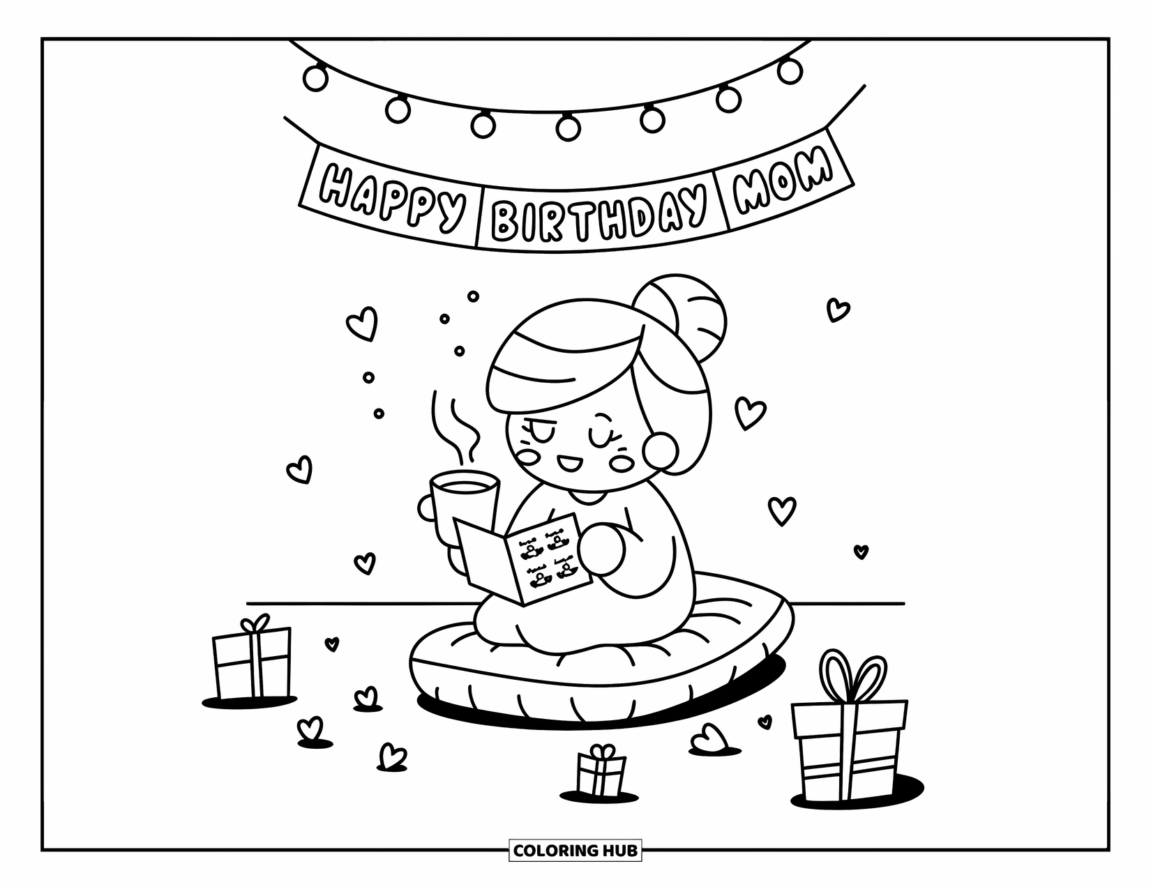 Happy Birthday Mom Coloring Page for Adults: Black-and-white kawaii mom reading a birthday card, with gifts, banner, and string lights