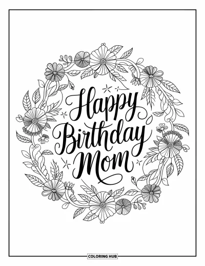 Dibujo de feliz cumpleaños mamá para colorear para adultos: Mandala floral centrado con un elegante "Happy Birthday Mom" escrito a mano debajo