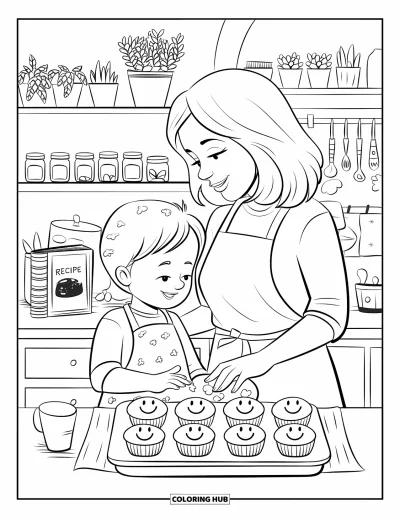 Dibujo de feliz cumpleaños mamá para colorear para adultos: Niño y mamá horneando cupcakes en una cocina acogedora con frascos, plantas y libro de recetas