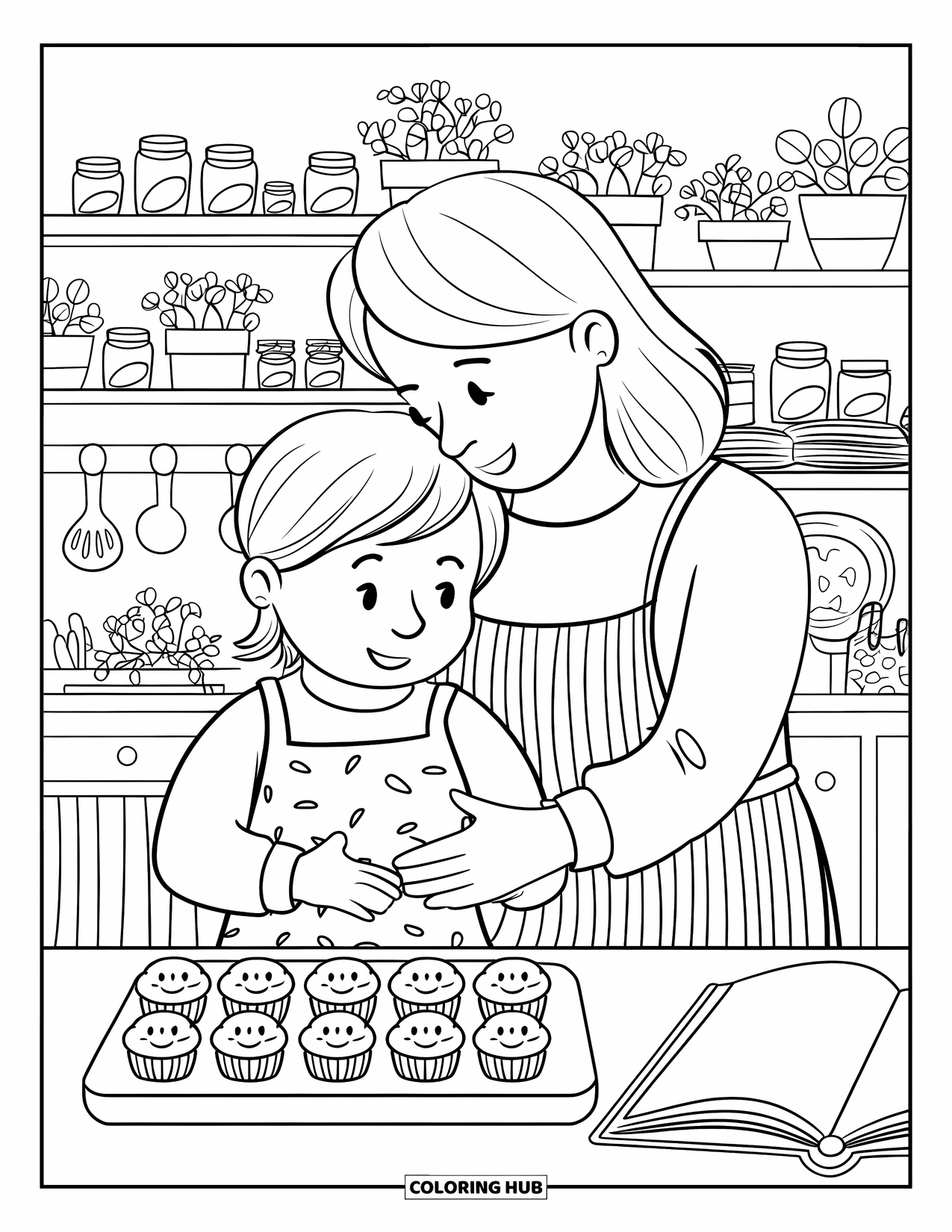 Happy Birthday Mom Coloring Page for Adults: Flour-covered child holding recipe book, baking cupcakes with mom in a cozy kitchen