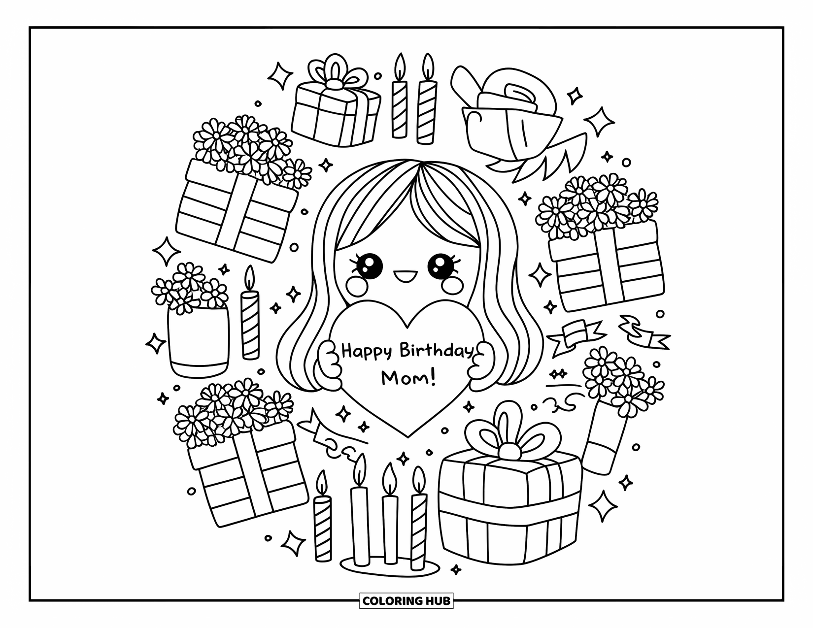 Happy Birthday Mom Coloring Page for Adults: Hand-drawn kawaii mom holding a heart in a circular birthday-themed composition