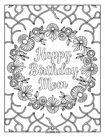 Dibujo de feliz cumpleaños mamá para colorear para adultos: Mandala floral intrincado con "Happy Birthday Mom" rodeado de enredaderas y patrones