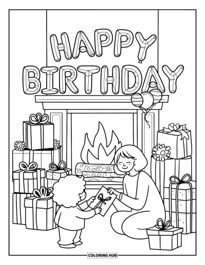 Dibujo de feliz cumpleaños mamá para colorear para adultos: Sala kawaii con globos de cumpleaños, chimenea, regalos y mamá abrazando a su hijo