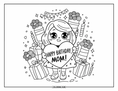 Dibujo de feliz cumpleaños mamá para colorear para adultos: Mamá kawaii rodeada de regalos, velas, flores, cintas y un mensaje de cumpleaños