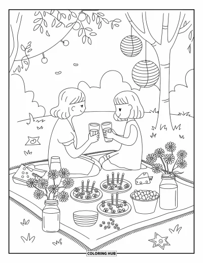 Dibujo de feliz cumpleaños mamá para colorear para adultos: Picnic kawaii en un parque con merienda de cumpleaños y árbol decorado con farolillos
