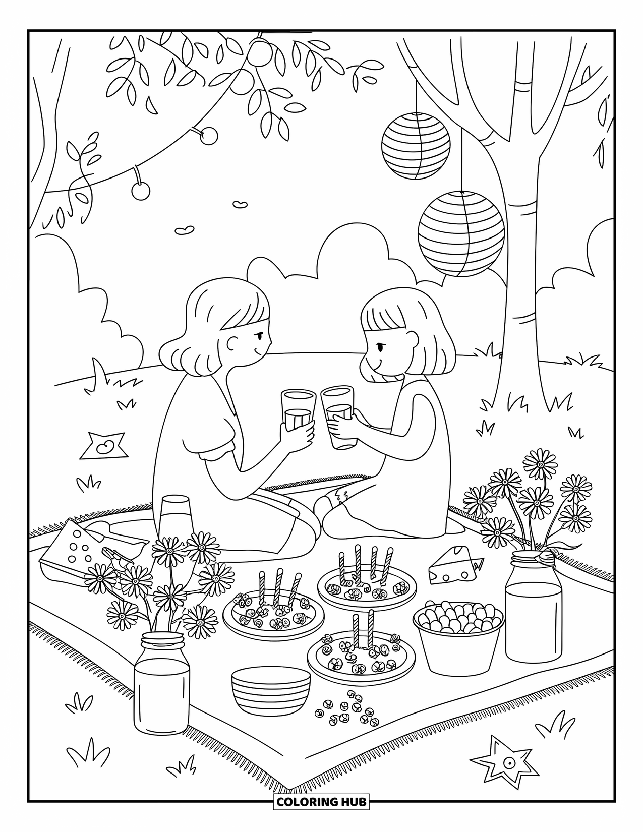 Happy Birthday Mom Coloring Page for Adults: Kawaii picnic in a park with birthday snacks and a lantern-decorated tree