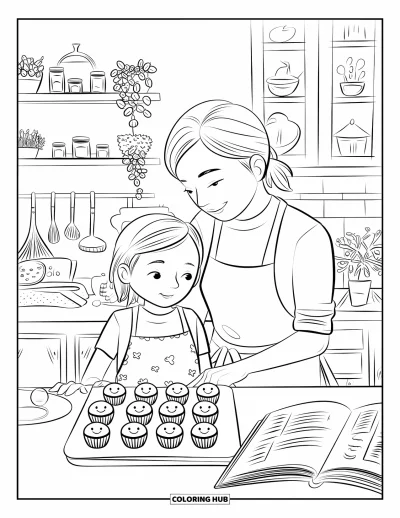 Dibujo de feliz cumpleaños mamá para colorear para adultos: Mamá e hija horneando cupcakes juntas en una cálida cocina acogedora con frascos y plantas
