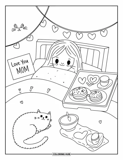 Dibujo de feliz cumpleaños mamá para colorear para adultos: Mamá acostada en cama con tortitas, una nota de amor, gato a los pies y guirnaldas en la pared