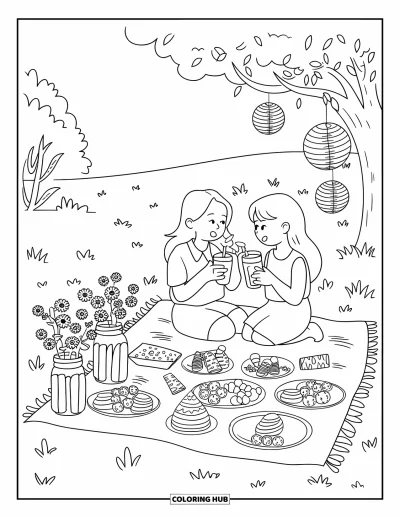 Dibujo de feliz cumpleaños mamá para colorear para adultos: Picnic en el parque con flores, merienda y mamá e hijo compartiendo vasos de zumo bajo farolillos