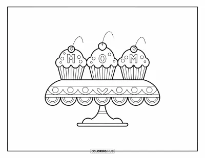 Dibujo de feliz cumpleaños mamá para colorear para niños: Un soporte de pastel con tres cupcakes etiquetados "M", "O" y "M"