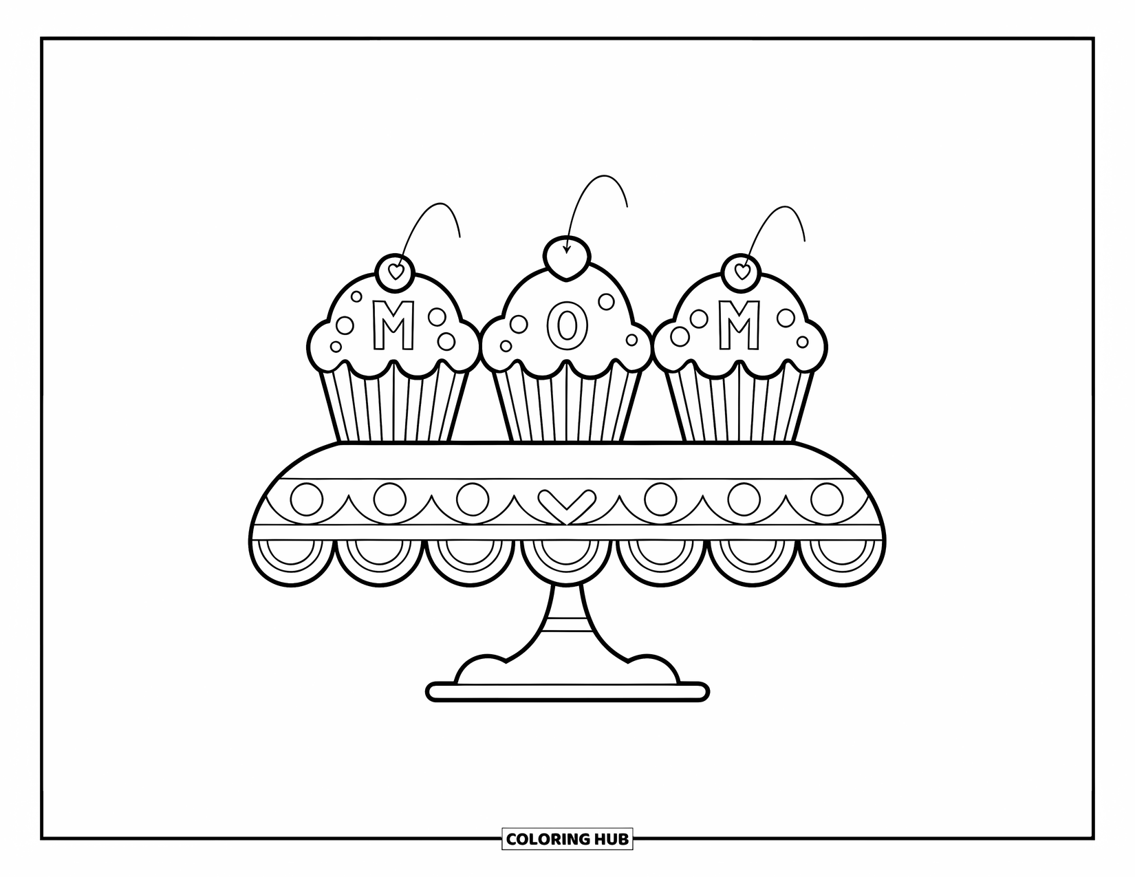 Happy Birthday Mom Coloring Page for Kids: A cake stand holding three cupcakes labeled "M", "O", and "M"