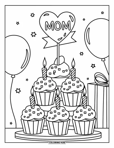 Dibujo de feliz cumpleaños mamá para colorear para niños: Una torre de cupcakes con una banderita de corazón que dice "Mom", globos y un regalo cerca