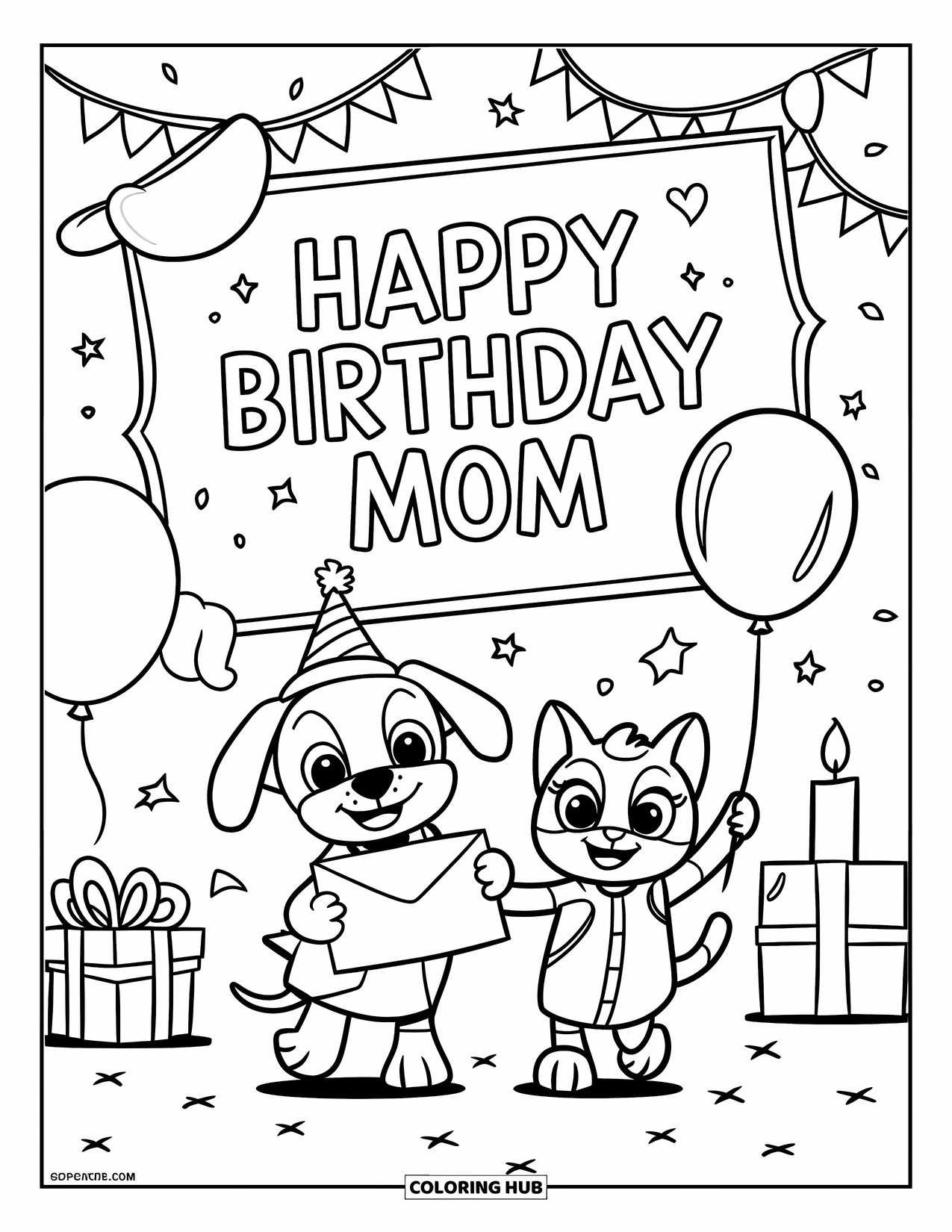 Happy Birthday Mom Coloring Page for Kids: A cute dog and cat delivering a birthday envelope with a festive banner and gifts