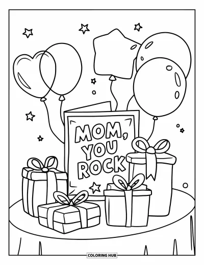 Dibujo de feliz cumpleaños mamá para colorear para niños: Mesa festiva con globos, regalos y una tarjeta que dice "Mom, You Rock"