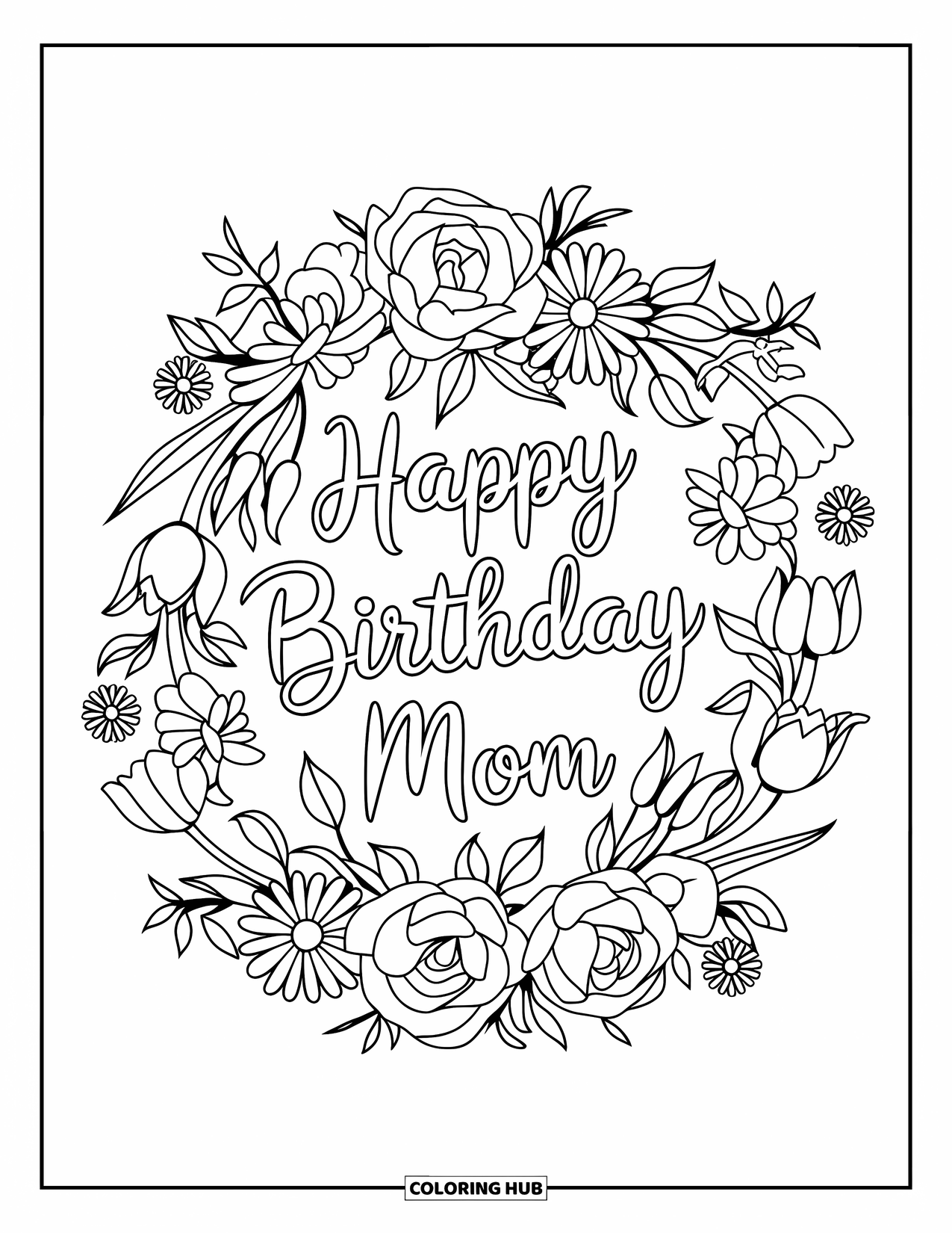 Happy Birthday Mom Coloring Page for Kids: A floral wreath with "Happy Birthday Mom" at the center