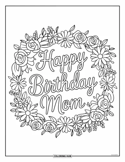Dibujo de feliz cumpleaños mamá para colorear para niños: Una corona floral con "Happy Birthday Mom" escrito en elegantes letras cursivas