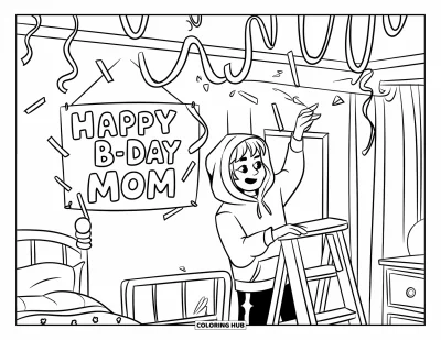 Dibujo de feliz cumpleaños mamá para colorear para niños: Adolescente con sudadera sobre una escalera colgando decoraciones de cumpleaños