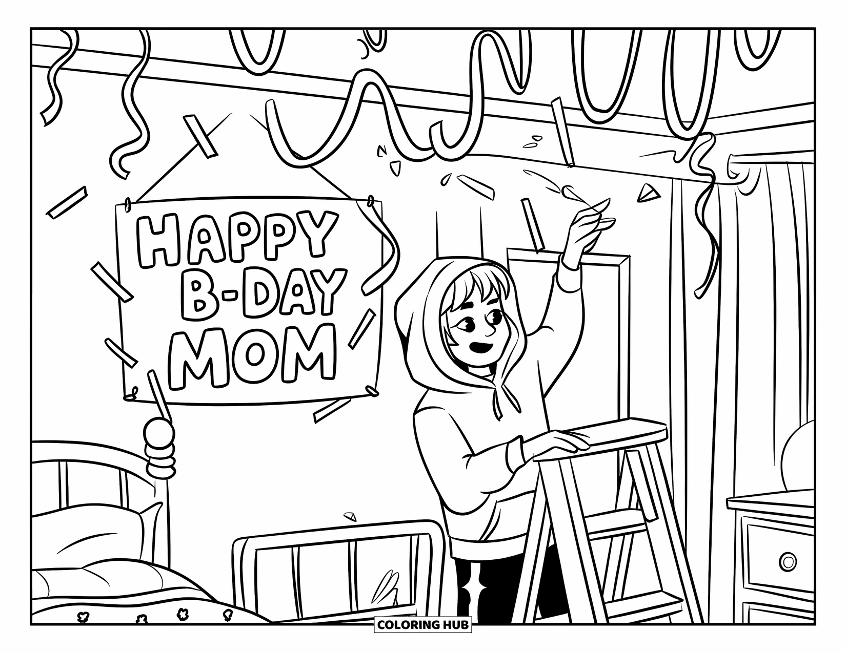 Happy Birthday Mom Coloring Page for Kids: A hoodie-wearing teen on a ladder hanging decorations for a birthday