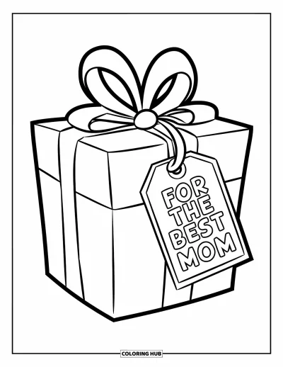 Dibujo de feliz cumpleaños mamá para colorear para niños: Gran regalo envuelto con un lazo y una etiqueta "For the Best Mom"