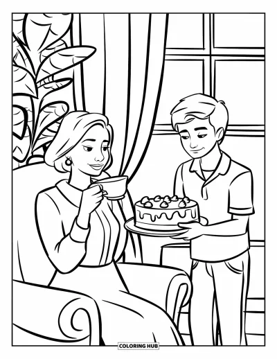 Dibujo de feliz cumpleaños mamá para colorear para niños: Escena relajante con mamá tomando té mientras un adolescente lleva una tarta