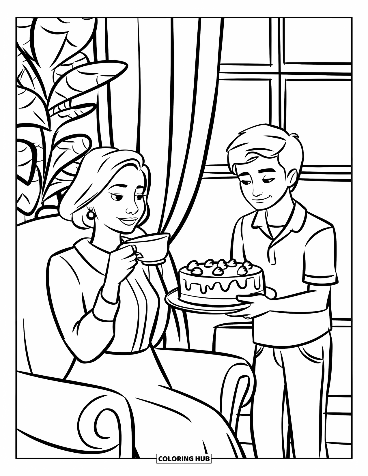 Happy Birthday Mom Coloring Page for Kids: A relaxing scene of Mom sipping tea while a teen carries out a cake