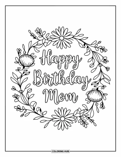 Dibujo de feliz cumpleaños mamá para colorear para niños: Una corona de flores enmarcando el texto "Happy Birthday Mom"