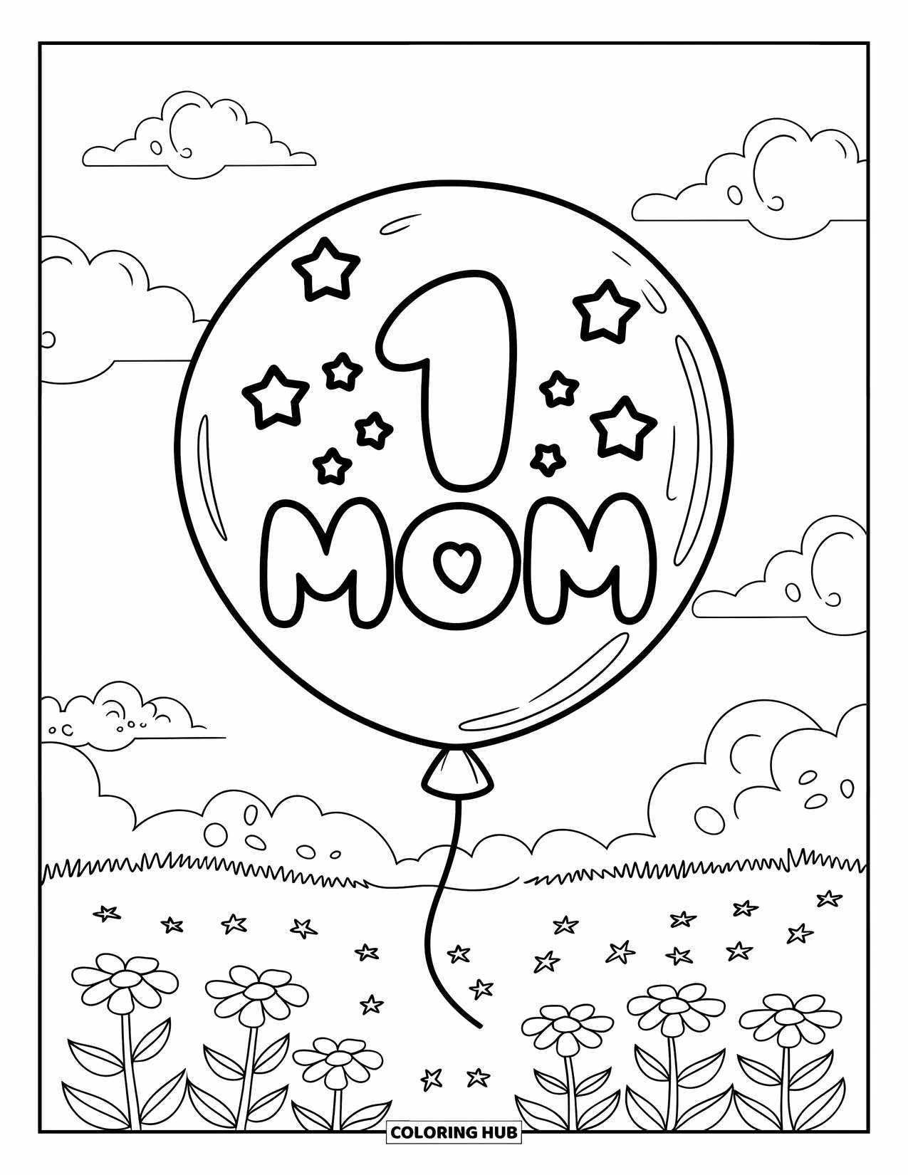 Happy Birthday Mom Coloring Page for Kids: Balloon marked "#1 Mom" floating over flowers and star decorations