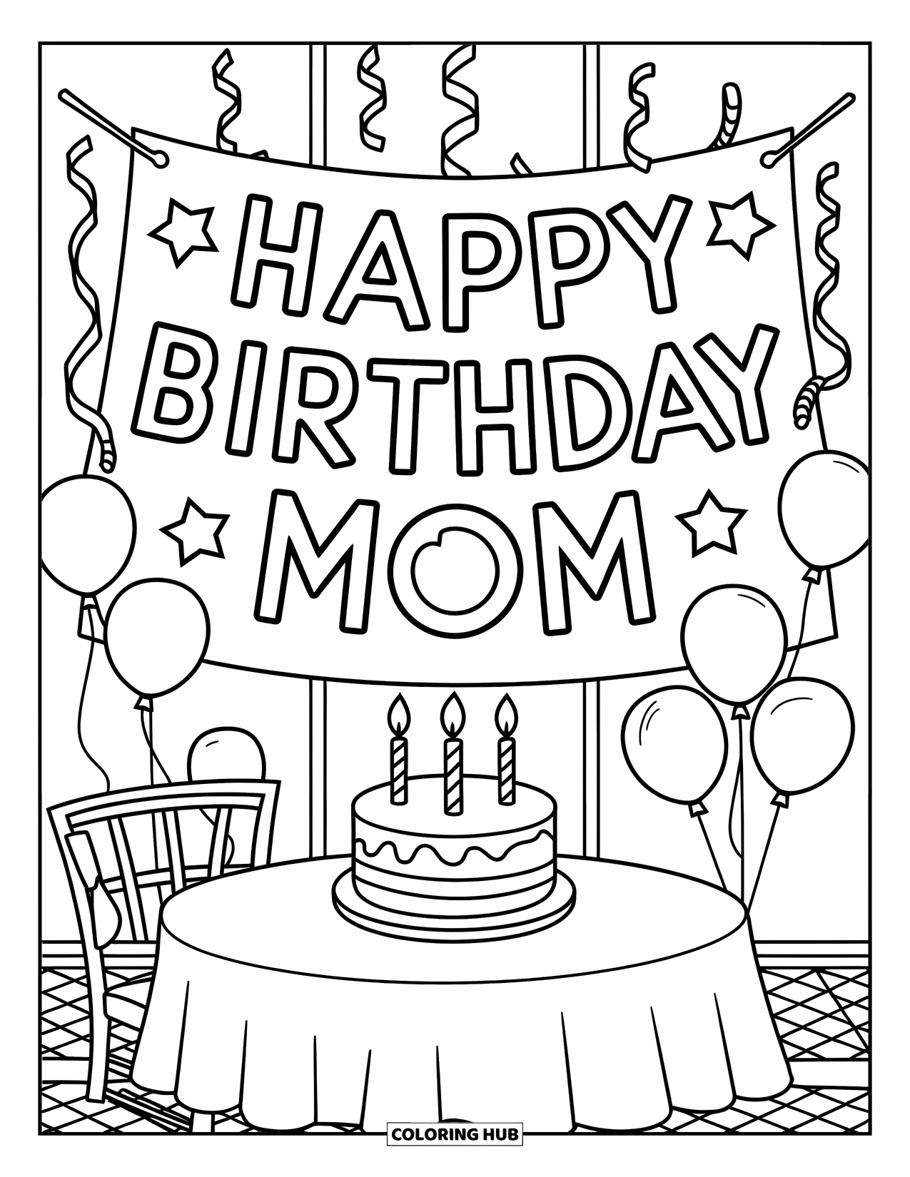 Happy Birthday Mom Coloring Page for Kids: Banner with "Happy Birthday Mom" above a table with cake and balloons