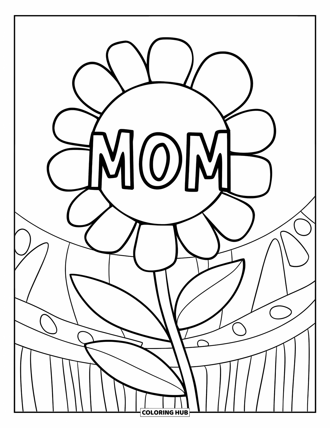 Happy Birthday Mom Coloring Page for Kids: Big flower with "Mom" text, stem, and simple patterned background