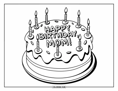 Dibujo de feliz cumpleaños mamá para colorear para niños: Tarta con varias velas y "Happy Birthday, Mom!" escrito encima