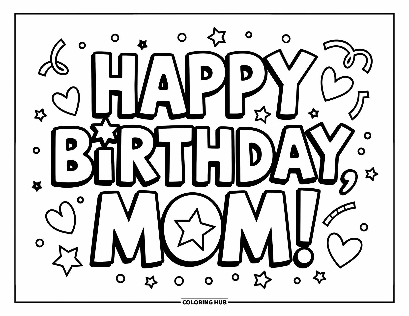 Happy Birthday Mom Coloring Page for Kids: Cheerful "Happy Birthday, Mom!" message with stars, hearts, and confetti