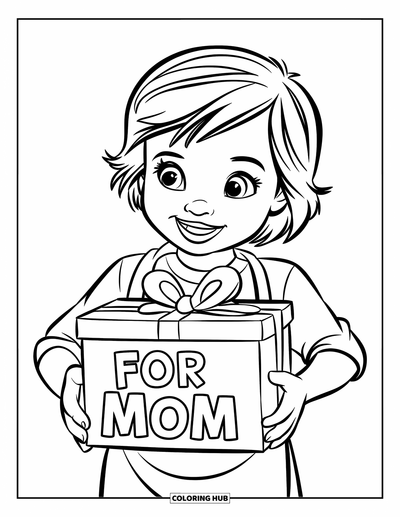 Happy Birthday Mom Coloring Page for Kids: Child holding a gift box for Mom with a happy expression