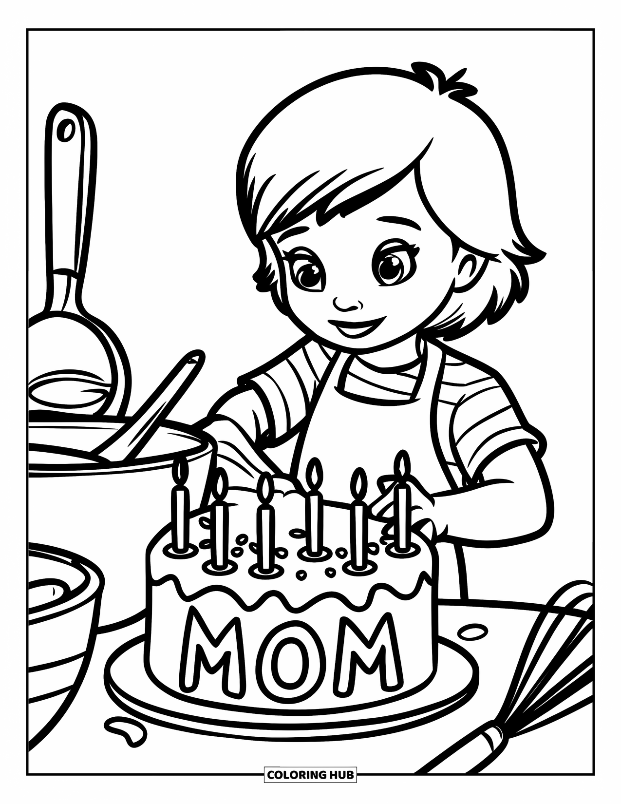 Happy Birthday Mom Coloring Page for Kids: Child making a birthday cake labeled "Mom" with kitchen tools around